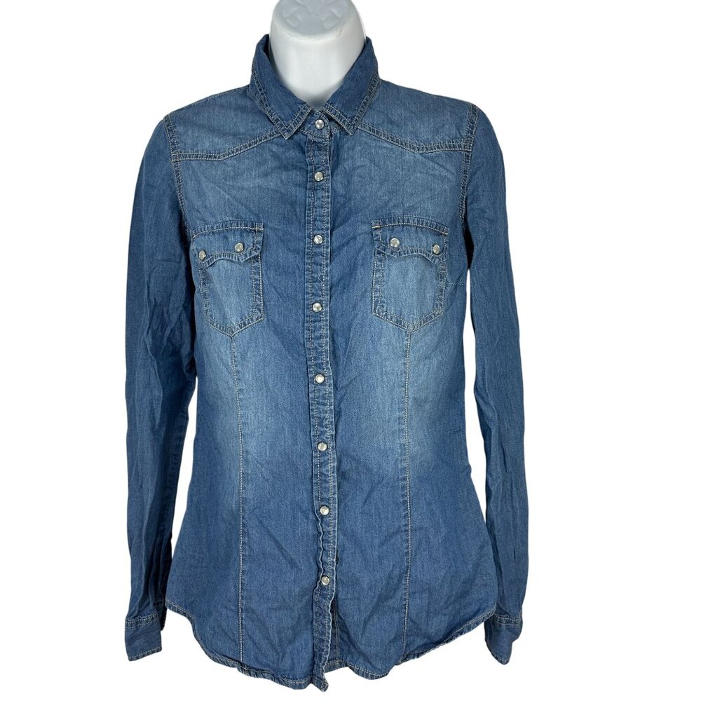 Forever 21 Womens Denim Button Up Shirt Long Sleeve Western Style Small Blue